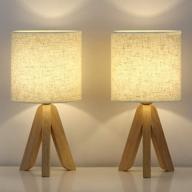 set of 2 haitral small table lamps - wooden tripod nightstand lamps for bedroom, living room, office, home with fabric linen shade логотип