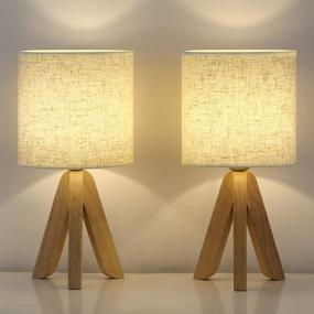 img 4 attached to Set of 2 HAITRAL Small Table Lamps - Wooden Tripod Nightstand Lamps for Bedroom, Living Room, Office, Home with Fabric Linen Shade