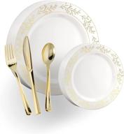 🍽️ premium 200 pcs disposable plastic plates and cutlery set with 40 gold leaf trim dinner plates, 40 gold dessert plates, and 40 pcs glossy gold plastic forks knives spoons logo