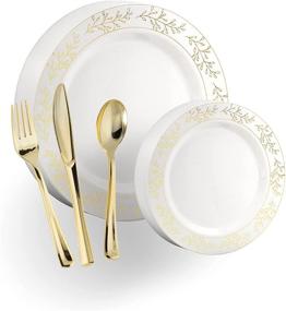 img 4 attached to 🍽️ Premium 200 Pcs Disposable Plastic Plates and Cutlery Set with 40 Gold Leaf Trim Dinner Plates, 40 Gold Dessert Plates, and 40 Pcs Glossy Gold Plastic Forks Knives Spoons