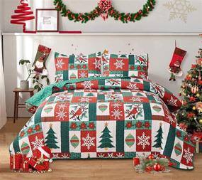 img 4 attached to Christmas Quilt Bedding - Queen Size Holiday Floral Bedspread, Red/Green Plaid Patchwork, Lightweight Reversible Design with Christmas Bird and Snowflake Patterns