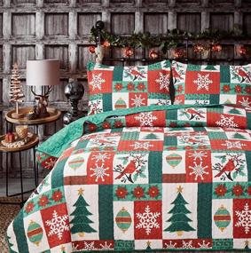 img 2 attached to Christmas Quilt Bedding - Queen Size Holiday Floral Bedspread, Red/Green Plaid Patchwork, Lightweight Reversible Design with Christmas Bird and Snowflake Patterns