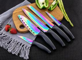 img 2 attached to 🌈 Rainbow Stainless Steel Kitchen Knife Set - 5 Chef Knives with Titanium Coated Iridescent Blades and Ergonomic Handles - Chef, Santoku, Bread, Steak/Utility, and Carving Knife (Black Handle)