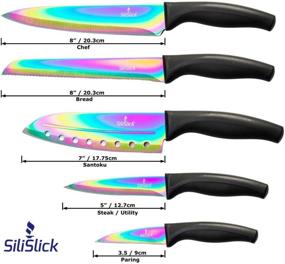 img 3 attached to 🌈 Rainbow Stainless Steel Kitchen Knife Set - 5 Chef Knives with Titanium Coated Iridescent Blades and Ergonomic Handles - Chef, Santoku, Bread, Steak/Utility, and Carving Knife (Black Handle)