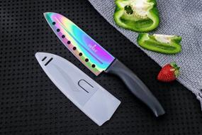 img 1 attached to 🌈 Rainbow Stainless Steel Kitchen Knife Set - 5 Chef Knives with Titanium Coated Iridescent Blades and Ergonomic Handles - Chef, Santoku, Bread, Steak/Utility, and Carving Knife (Black Handle)