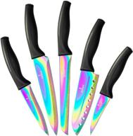 🌈 rainbow stainless steel kitchen knife set - 5 chef knives with titanium coated iridescent blades and ergonomic handles - chef, santoku, bread, steak/utility, and carving knife (black handle) logo