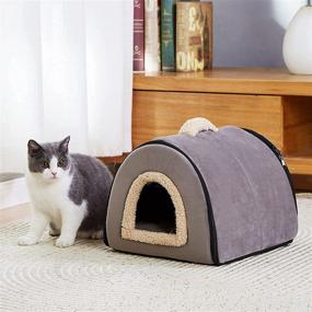 img 3 attached to Foldable 2-in-1 Cat House Bed Cave, Portable Indoor Cat House with Cozy Removable Cushion Pad, Dark Gray – Ideal for Indoor Cats, Washable