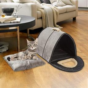 img 2 attached to Foldable 2-in-1 Cat House Bed Cave, Portable Indoor Cat House with Cozy Removable Cushion Pad, Dark Gray – Ideal for Indoor Cats, Washable