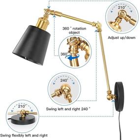 img 1 attached to 🔌 Set of 2 Plug-in Wall Sconces, YiaMia Swing Arm Wall Lamps in Black and Brass Finish, Vintage Industrial Style Wall Mounted Light Fixtures with Dimmable Switch for Bedroom, Living Room, Vanity, Study Desk, Office, Hallway