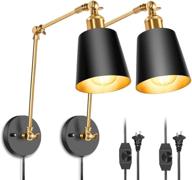 🔌 set of 2 plug-in wall sconces, yiamia swing arm wall lamps in black and brass finish, vintage industrial style wall mounted light fixtures with dimmable switch for bedroom, living room, vanity, study desk, office, hallway логотип