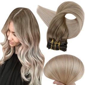 img 4 attached to 👱 Full Shine Brazilian Human Hair Clip in Hair Extensions - Blonde Balayage Color 8 Fading to 60 and 18 Ash Blonde - 7pcs, 100g, 18 Inch Clip-ins