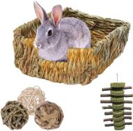 🐰 organic woven grass bed for rabbit, 3 pack: chewable apple wood stick toys with hay rabbit basket bedding mat - ideal for bunny, guinea pig, hamster, chinchilla, rat, and other small animals logo