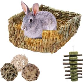 img 4 attached to 🐰 Organic Woven Grass Bed for Rabbit, 3 Pack: Chewable Apple Wood Stick Toys with Hay Rabbit Basket Bedding Mat - Ideal for Bunny, Guinea Pig, Hamster, Chinchilla, Rat, and Other Small Animals