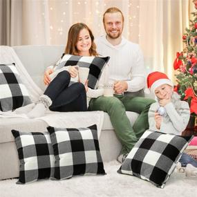 img 2 attached to 🎄 Christmas Buffalo Check Plaid Throw Pillow Covers – Set of 4 for Farmhouse Home Decor (Black and White, 20x20 Inch)