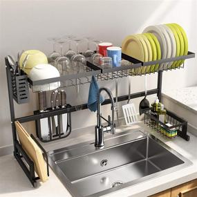 img 4 attached to Black Stainless Steel Over The Sink Dish Drying Rack - Adjustable Width (32-40 inch) - Kitchen Storage Organizer