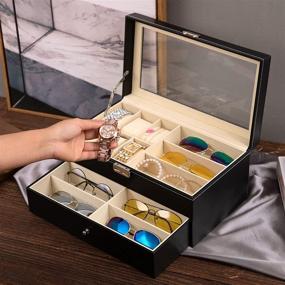 img 3 attached to 🕶️ APL Display Watch and Sunglasses Organizer: 6 Watch Box and 9 Slots Multiple Glasses Case - Black