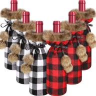 🎄 6-pack christmas buffalo plaid wine bottle covers, plaid wine bottle holder sweaters with faux fur pouch bags, perfect for christmas party decorations (red & gray) logo