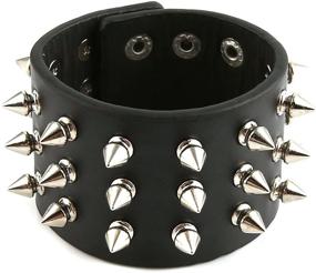 img 1 attached to HZMAN Wide Strap Leather Bracelet - Unisex Black Metal Spike Studded Punk Rock Biker Jewelry (5cm Wide - Spike Black)