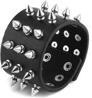 браслет из широкого ремешка кожи hzman - унисекс, с черными металлическими шипами, украшенными панковским байкерским украшением (5 см ширина - шип черный) логотип