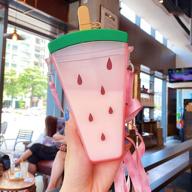 yunqin 320ml plastic water bottles: cute watermelon ice cream design, 4 🍉 color options, straw included, anti-fall portable popsicle shape water cup for girls - pink логотип