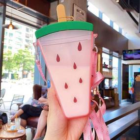 img 4 attached to YunQin 320ml Plastic Water Bottles: Cute Watermelon Ice Cream Design, 4 🍉 Color Options, Straw Included, Anti-Fall Portable Popsicle Shape Water Cup for Girls - Pink