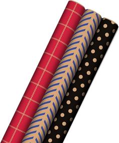 img 4 attached to Hallmark Recyclable Wrapping Paper (3 Rolls: 60 sq. ft. ttl) Red Grid, Blue Chevron, Black Dots on Kraft Brown - Ideal for Birthdays, Graduations, and Christmas