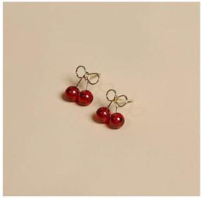 img 1 attached to 🍒 Hypoallergenic Sterling Silver 14K Gold Plated Vintage Cherry Fruit Earrings - Cute Red Ball Bead Bowknot Studs for Women, Teens - Tragus Dainty Studs - Perfect Birthday & Easter Gift