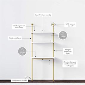 img 2 attached to 💻 Nathan James Theo 2-Shelf Industrial Wall Mount Ladder Small Computer or Writing Desk, White/Gold Brass: Sleek and Functional workspace for Modern Interiors