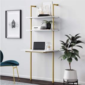 img 4 attached to 💻 Nathan James Theo 2-Shelf Industrial Wall Mount Ladder Small Computer or Writing Desk, White/Gold Brass: Sleek and Functional workspace for Modern Interiors