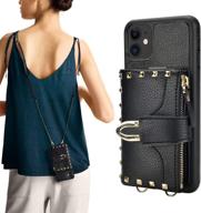 📱 zve iphone 11 wallet case with rivet design: crossbody purse & credit card holder, black logo