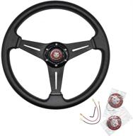 jqtuning 13.8” racing steering wheel - 6 bolts vinyl leather & aluminum grip with horn button - car accessory including 2 air fresheners (black) logo