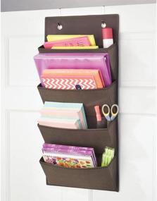 img 3 attached to 🗂️ mDesign Soft Fabric Wall Mount/Over Door Hanging Storage Organizer - 4 Large Cascading Pockets - Ideal for Office Supplies, Planners, File Folders, and Notebooks - Textured Print - Espresso Brown