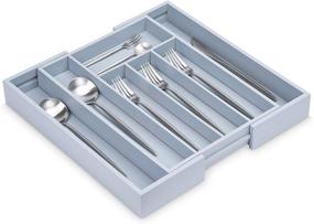 img 3 attached to Bamboo Flatware Organizer: Expandable Kitchen Utensil Drawer Tray - Adjustable 7 Slot Silverware Cutlery Storage (Gray)