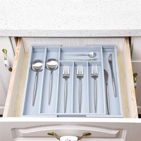 img 1 attached to Bamboo Flatware Organizer: Expandable Kitchen Utensil Drawer Tray - Adjustable 7 Slot Silverware Cutlery Storage (Gray)