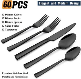 img 3 attached to 🍴 Wildone 60-Piece Black Silverware Set: Stainless Steel Square Cutlery for 12, Includes Knife Fork Spoon, Mirror Polished & Dishwasher Safe