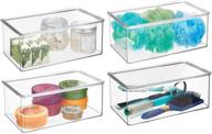 📦 mdesign stackable bathroom storage box container with hinged lid - vanity organizer for toiletries, makeup, first aid, hair accessories, bar soap, loofahs, bath salts - 4 pack, clear logo