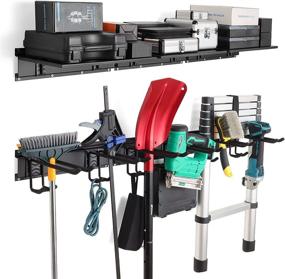 img 4 attached to 🔧 Maximize Garage Space with Heavy-Duty Wall Mount Tool Organizer Rack - Ideal for Storing Garden Tools, Chairs, Brooms, Rakes, Cords, and More - Supports Up to 1200lbs