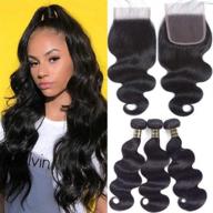 💇 10a brazilian virgin hair body wave bundles with closure - uneed hair, natural color (12 14 16" + 10 free part) logo