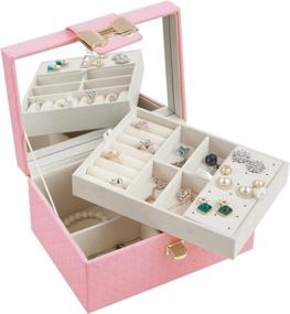 img 4 attached to JIDUO Jewelry Organizer Box for Women: Elegant Two Layer Storage Case with Bow-knot Lock, Ideal for Earrings, Bracelets, Rings, and Watches (Pink-new)