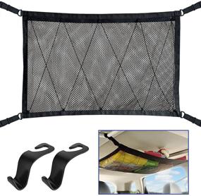 img 4 attached to Black Car Interior Roof Cargo Mesh Net with Seat Hook 🚗 for Car SUV Van - Adjustable, with 4 Roof Grabs - by WARMQ