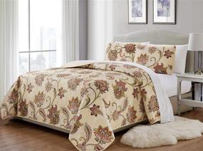 img 1 attached to 🛏️ MK Home Oversized 3pc King/California King Quilted Bedspread Set, Floral Beige Red Blue Taupe Print, New # Jane 64 inches