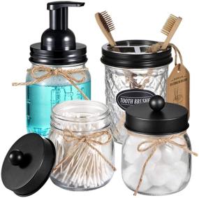 img 4 attached to 🛀 Mason Jar Bathroom Accessories Set - Foaming Soap Dispenser, Q-tip Holders, Toothbrush Holder - Rustic Farmhouse Decor, Bathroom Organizer Apothecary Jar - Country Countertop (Black) - 4 Pack