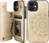 📱 vaburs iphone 12 and iphone 12 pro case wallet with card holder - embossed mandala pattern flower pu leather flip cover - double magnetic buttons - shockproof protective case - 6.1 inch (gold) logo