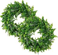 🌿 artificial green leaves wreath - 2 pack of 11 inch boxwood wreaths with white flower for window wall wedding décor логотип