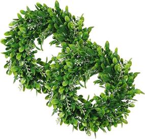 img 4 attached to 🌿 Artificial Green Leaves Wreath - 2 Pack of 11 inch Boxwood Wreaths with White Flower for Window Wall Wedding Décor