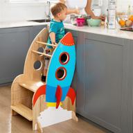 🚀 max & me adorable rocket ship toddler kitchen stool helper: safe & adjustable montessori stool for toddlers – perfect for learning and baking! logo