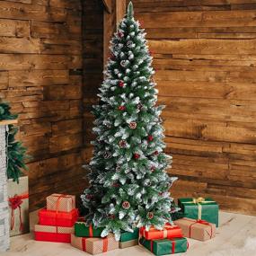 img 2 attached to 🎄 JULY'S SONG 6ft Flocked Artificial Christmas Tree with Real Look, Premium Xmas Decor with Pine Cone & Red Berries – Ideal for Home, Office, and Shop Holiday Decorations