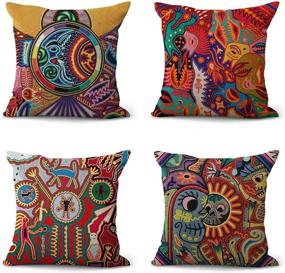 img 4 attached to 🌈 Vibrant Artsocket Linen Throw Pillow Covers with Mexican Huichol Design - Set of 4 - Stunning Home Decor Square 18x18 Inches Pillowcases