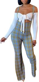 img 4 attached to 🔥 Ophestin Women's Off Shoulder Tie Crop Top Plaid Print Bell Pants Suspenders Set 2 Piece Outfits Jumpsuits Overalls - Sexy & Trendy!