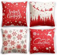 red christmas pillow covers set of 4 - farmhouse linen pillowcases for sofa couch xmas decorations featuring snow pine forest, santa claus, reindeer sled - 18×18 holiday pillow cases logo